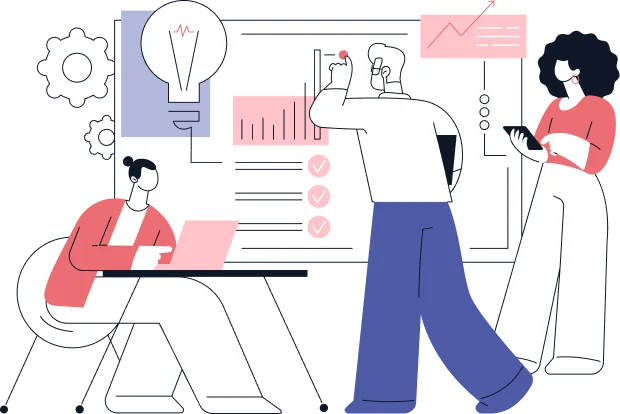 Komandos nariai naudoja išmaniąją technologiją verslo valdymo sistemos tobulinimui: vienas asmuo dirba su kompiuteriu, kitas bendradarbiauja prie lentos su diagramomis, o trečias stebi procesą.